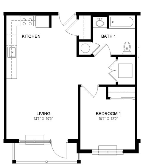 A black and white image of a floor plan for a small apartment.